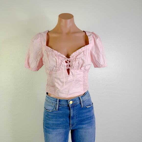 ASTR Milkmaid Fairy Cottagecore Puff Sleeve Smocked Poplin Crop Top Pink S NWT - Picture 9 of 9
